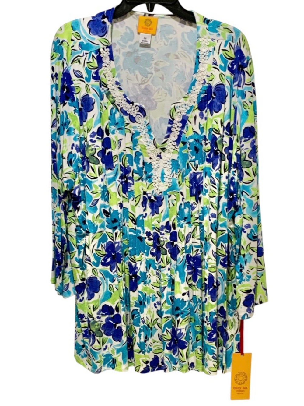 Ruby Rd Blue Floral V-Neck Tunic Top with Lace Trim Long Sleeve 2X NWT